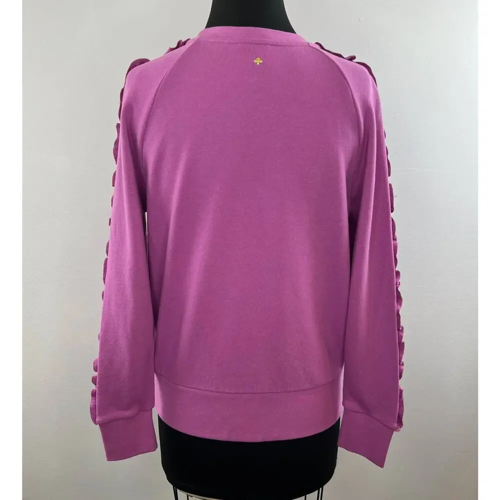 KATE SPADE Pink Pansy Long Sleeve Cotton Ruffle Pullover Sweater Top Sz S Small